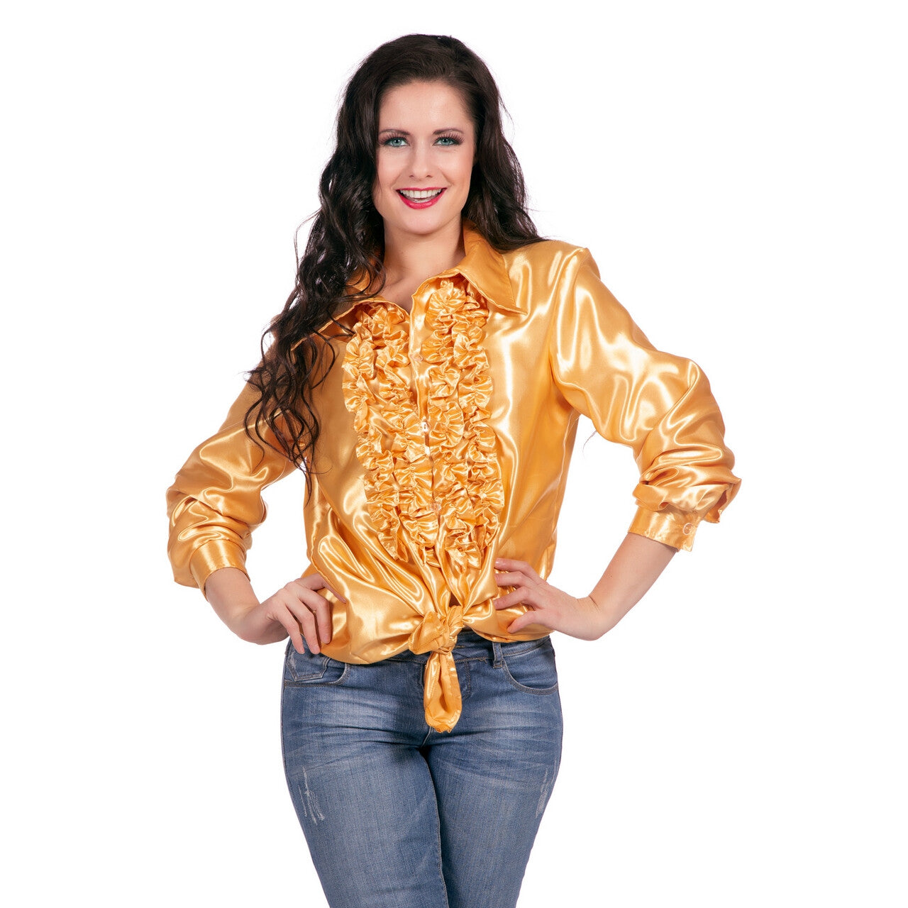 Op deze afbeelding zie je een Kostuums, van het merk Wilbers. Oranje Ruches Blouse Satijn Foute Disco