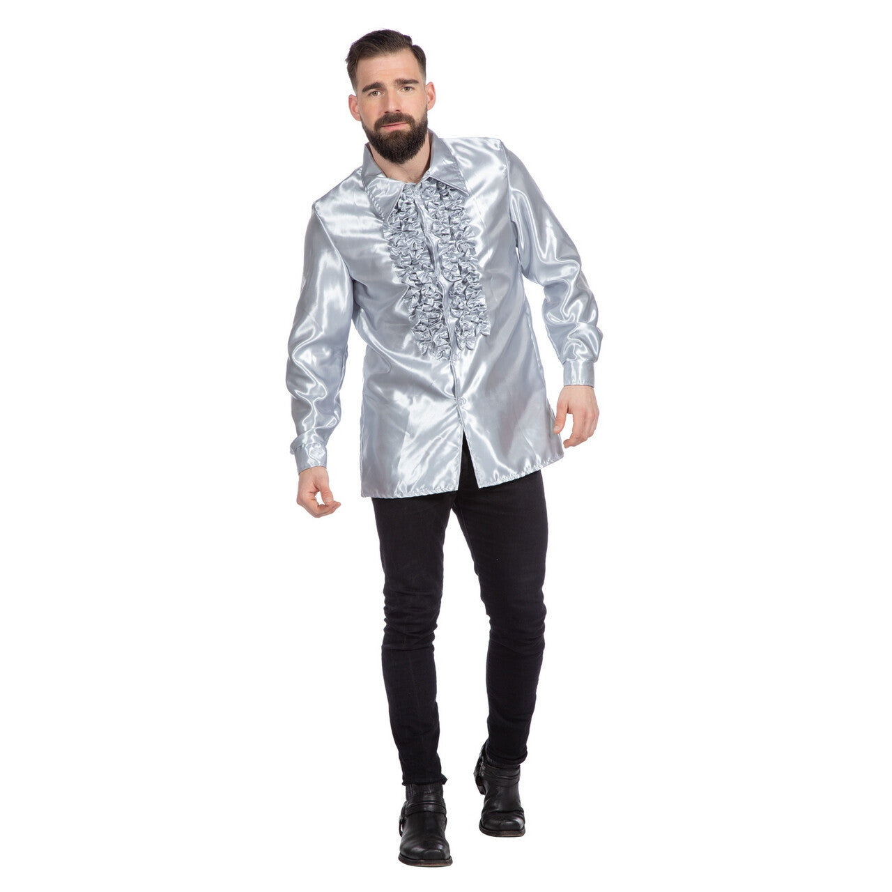Op deze afbeelding zie je een Kostuums, van het merk Wilbers. Zilveren Ruches Blouse Satijn Foute Disco