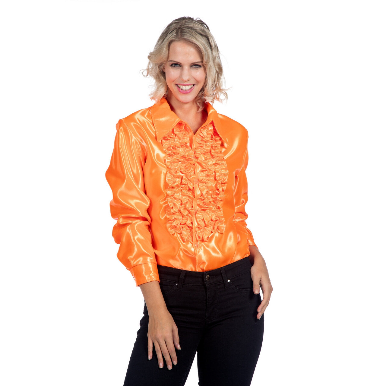 Op deze afbeelding zie je een Kostuums, van het merk Wilbers. Oranje Ruchesblouse Satijn Foute Disco Dodo