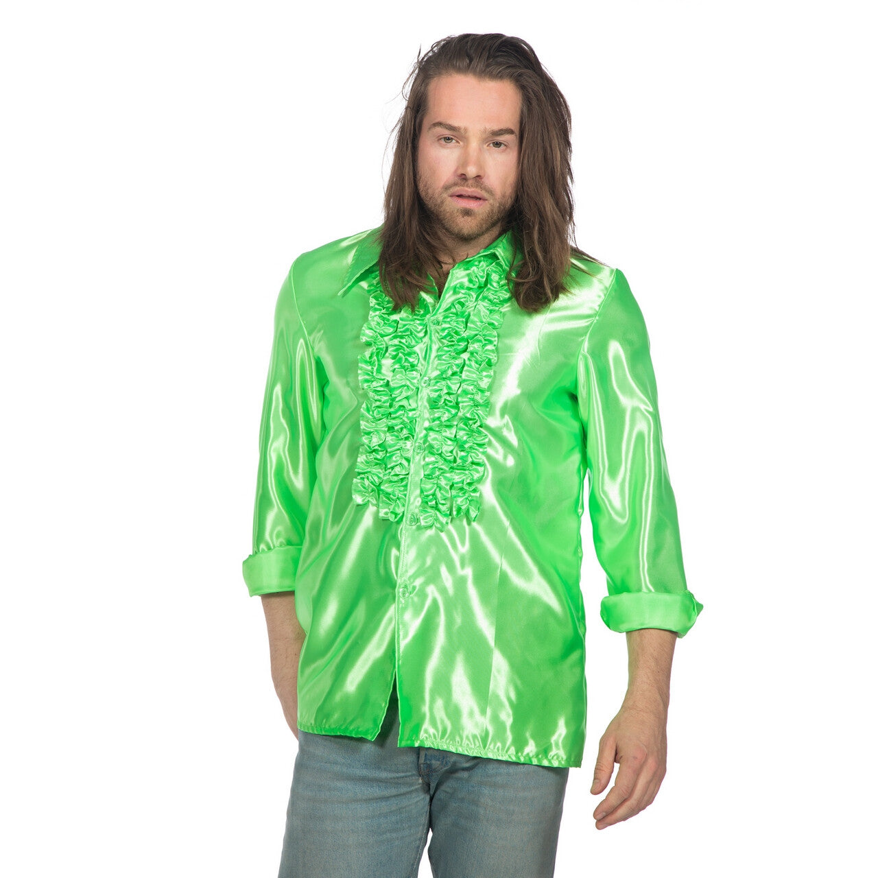 Op deze afbeelding zie je een Kostuums, van het merk Wilbers. Neon Groene Ruchesblouse Satijn Foute Neon Disco