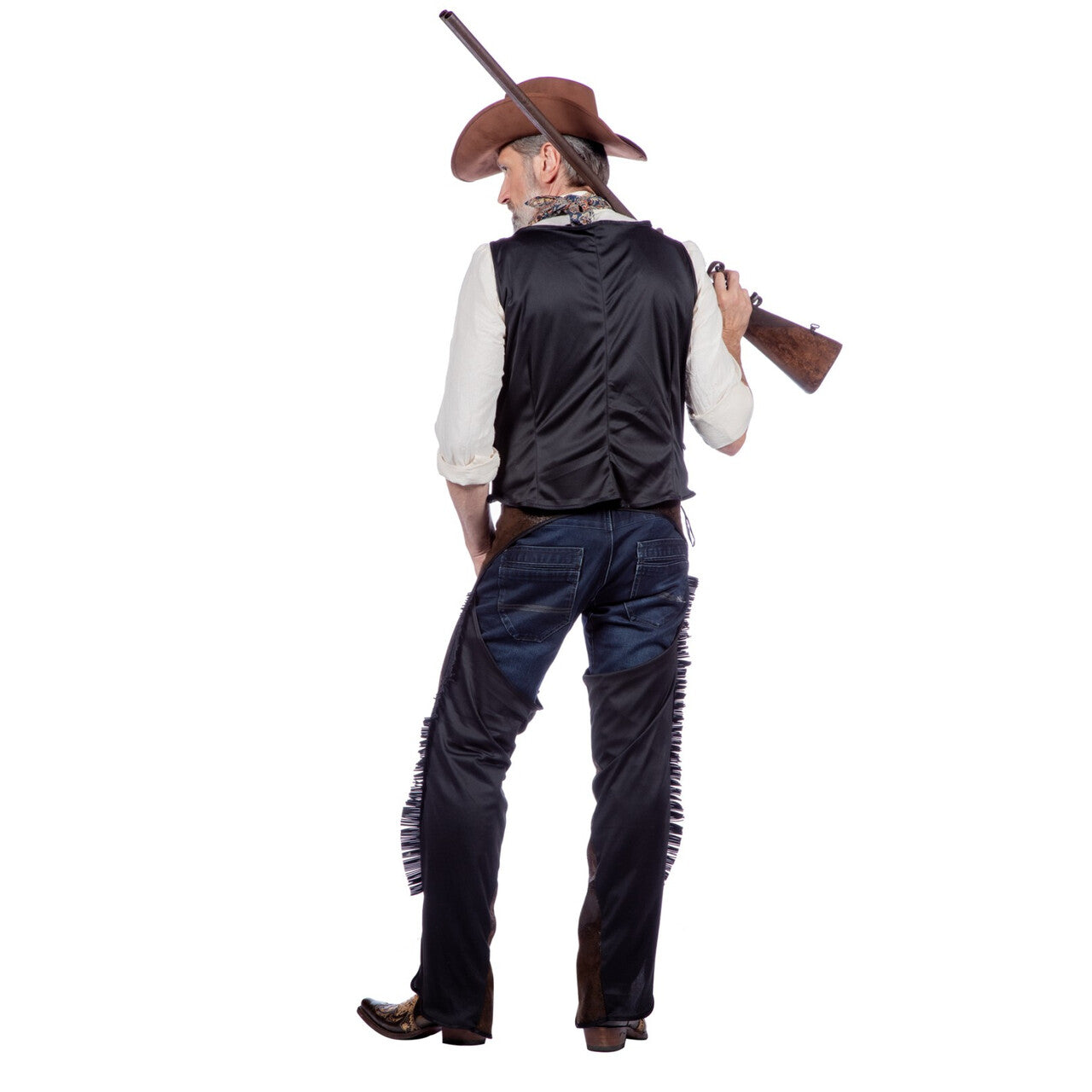 Op deze afbeelding zie je een Kostuums, van het merk Wilbers. Cowboy Chaps Wilde Mustang Man Kostuum