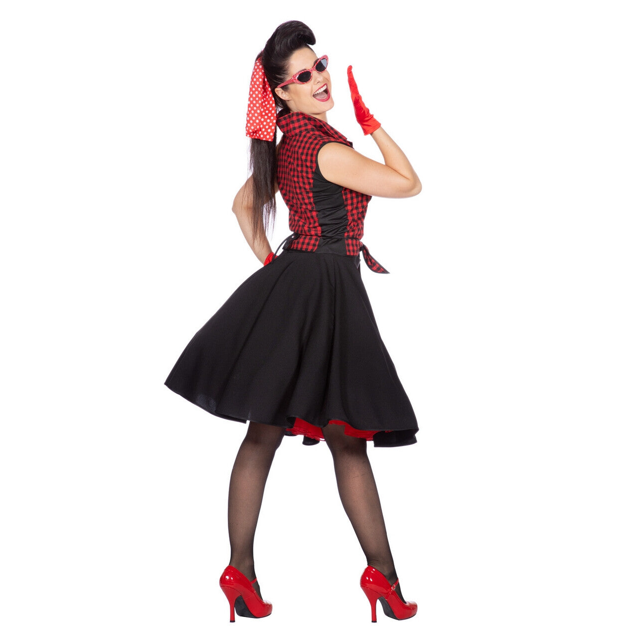 Op deze afbeelding zie je een Kostuums, van het merk Wilbers. Rockabilly Rode Rizzo Vrouw Kostuum