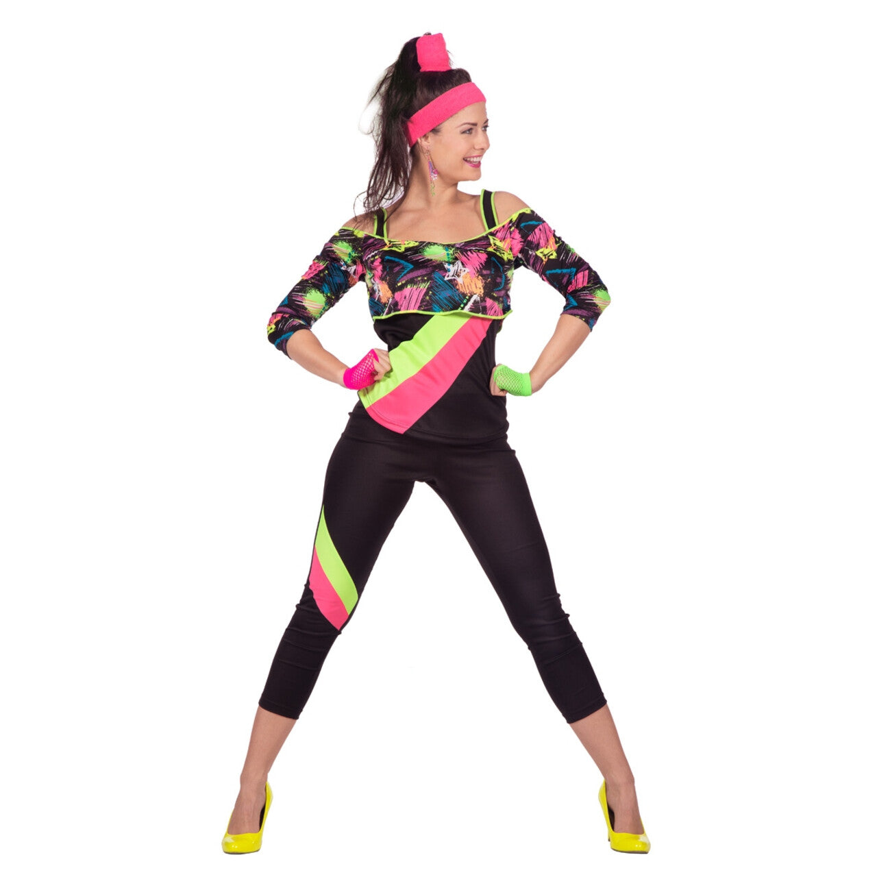 Op deze afbeelding zie je een Kostuums, van het merk Wilbers. Spetterend Aerobic Neon 80s Kostuum Vrouw