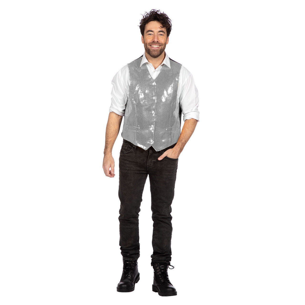 Op deze afbeelding zie je een Kostuums, van het merk Wilbers. Showstopper Pailletten Gilet Zilver Man