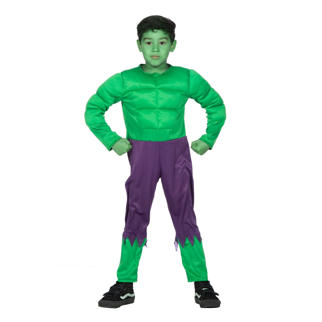 Op deze afbeelding zie je een Kostuums, van het merk Wilbers. The Big Green Hulk Junior Kind Kostuum