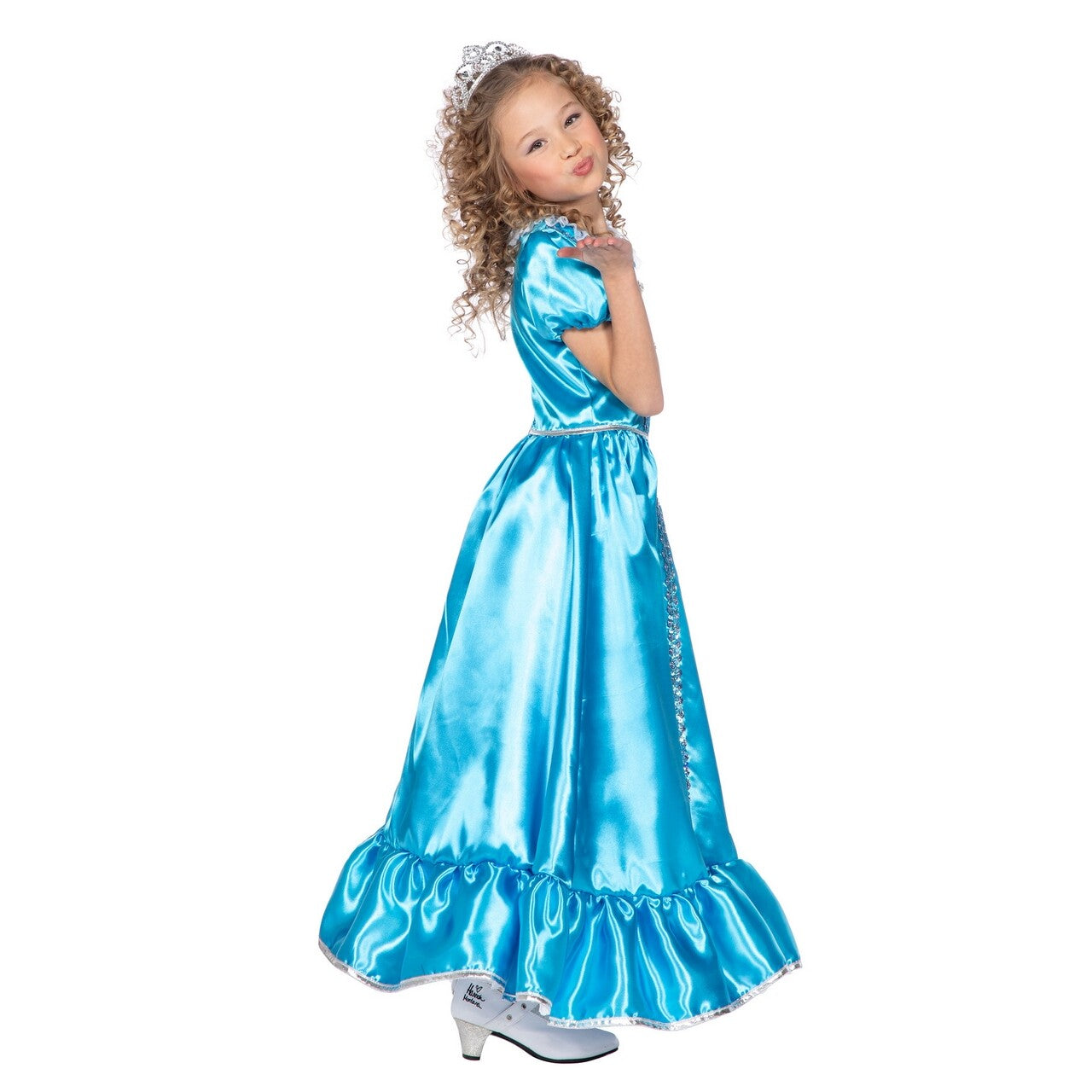 Op deze afbeelding zie je een Kostuums, van het merk Wilbers. Prinses Smaragd Blauw Meisje Kostuum