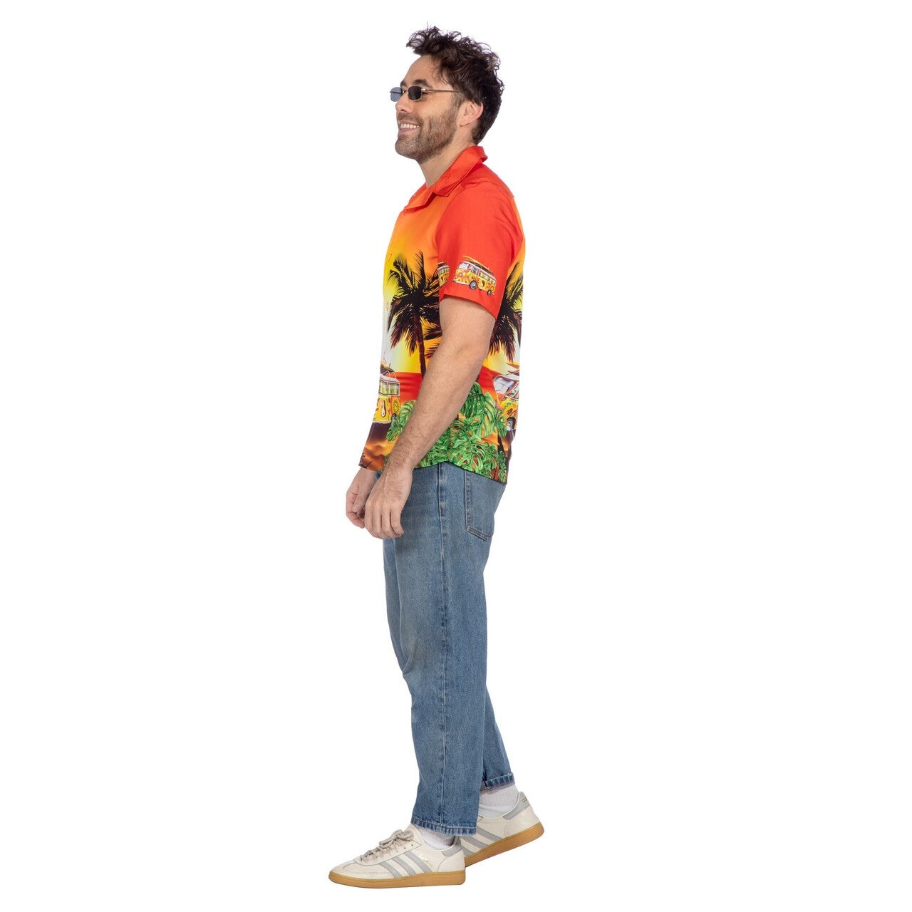 Op deze afbeelding zie je een Kostuums, van het merk Wilbers. Hawaiishirt Sunset Hippie Busje Oranje Man