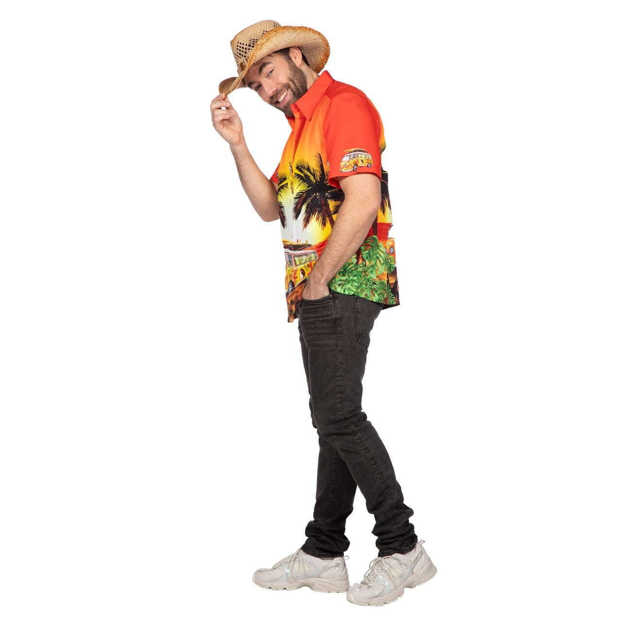Op deze afbeelding zie je een Kostuums, van het merk Wilbers. Hawaiishirt Sunset Hippie Busje Oranje Man
