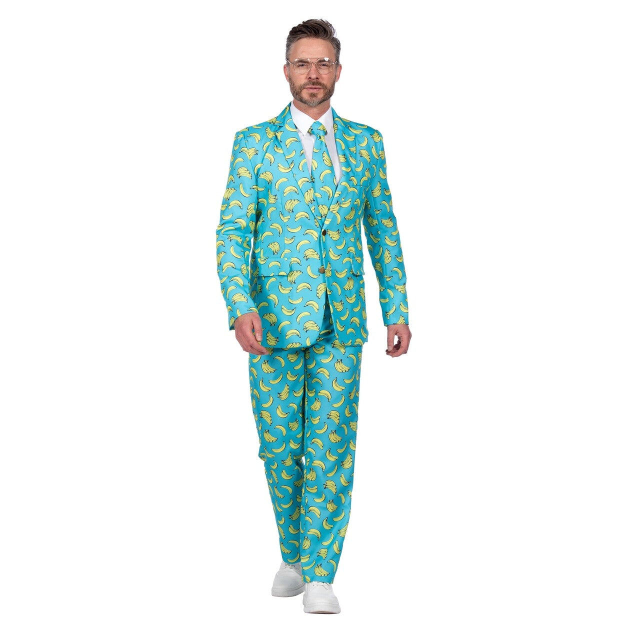 Op deze afbeelding zie je een Kostuums, van het merk Wilbers. Pak Bananen Man Kostuum