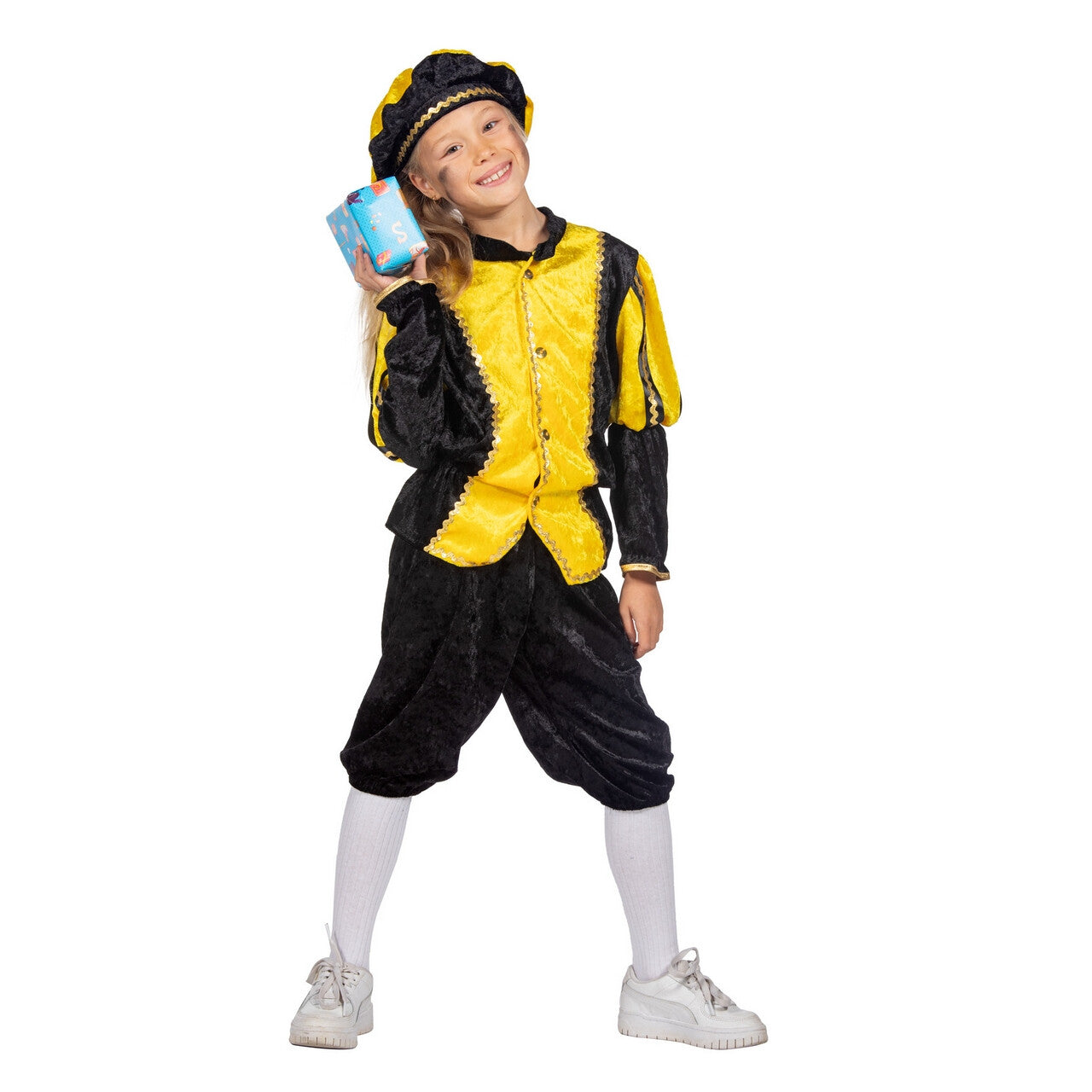 Op deze afbeelding zie je een Kostuums, van het merk Wilbers. Vrolijk Pietje Geel Pietenpak Kind Kind Kostuum