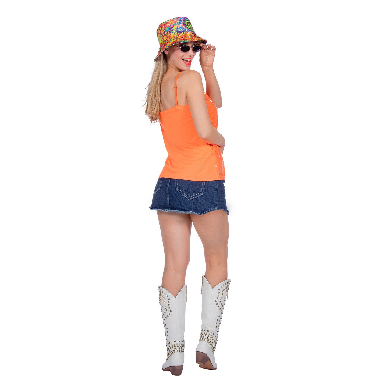 Op deze afbeelding zie je een Kostuums, van het merk Wilbers. Oranje Pailletten Party Top Vrouw
