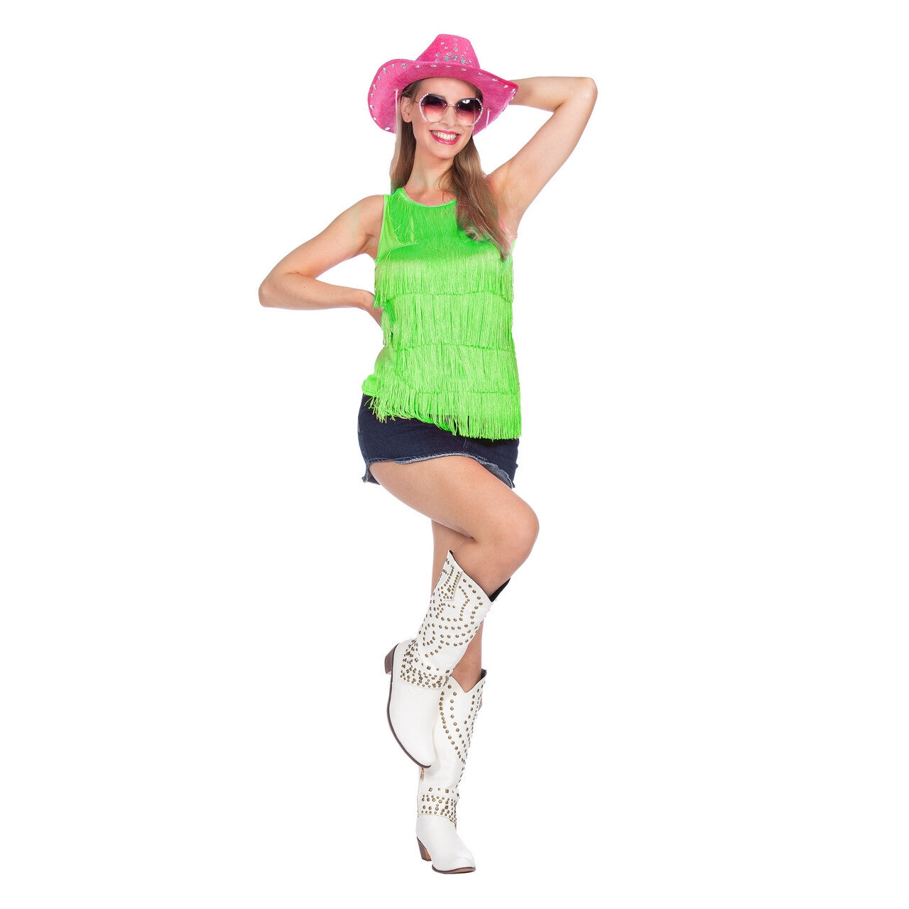 Op deze afbeelding zie je een Kostuums, van het merk Wilbers. Festival Party Franje Top Groen Vrouw