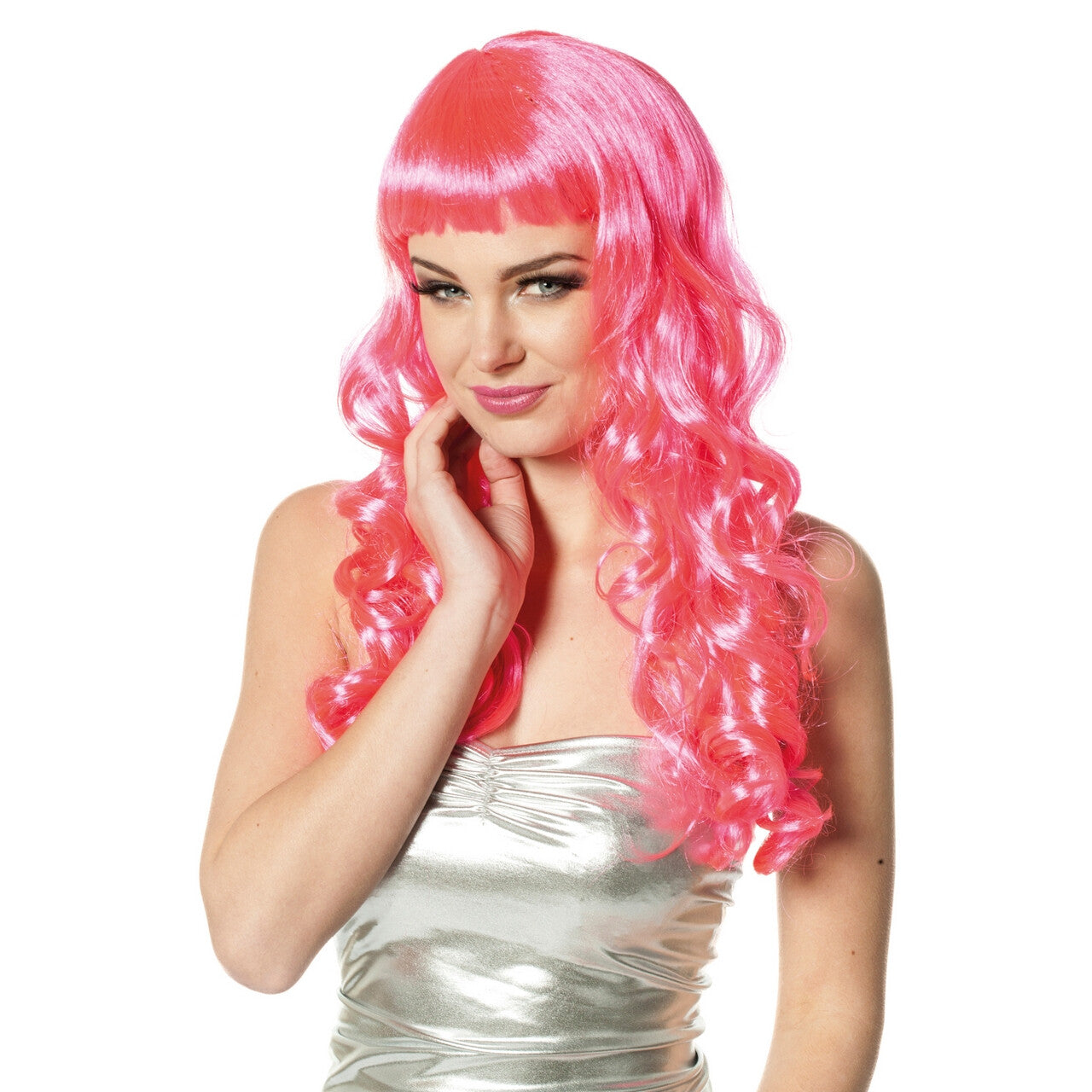 Op deze afbeelding zie je een Accessoires, van het merk Wilbers. Pruik Roze Lang Pony Met Krullen