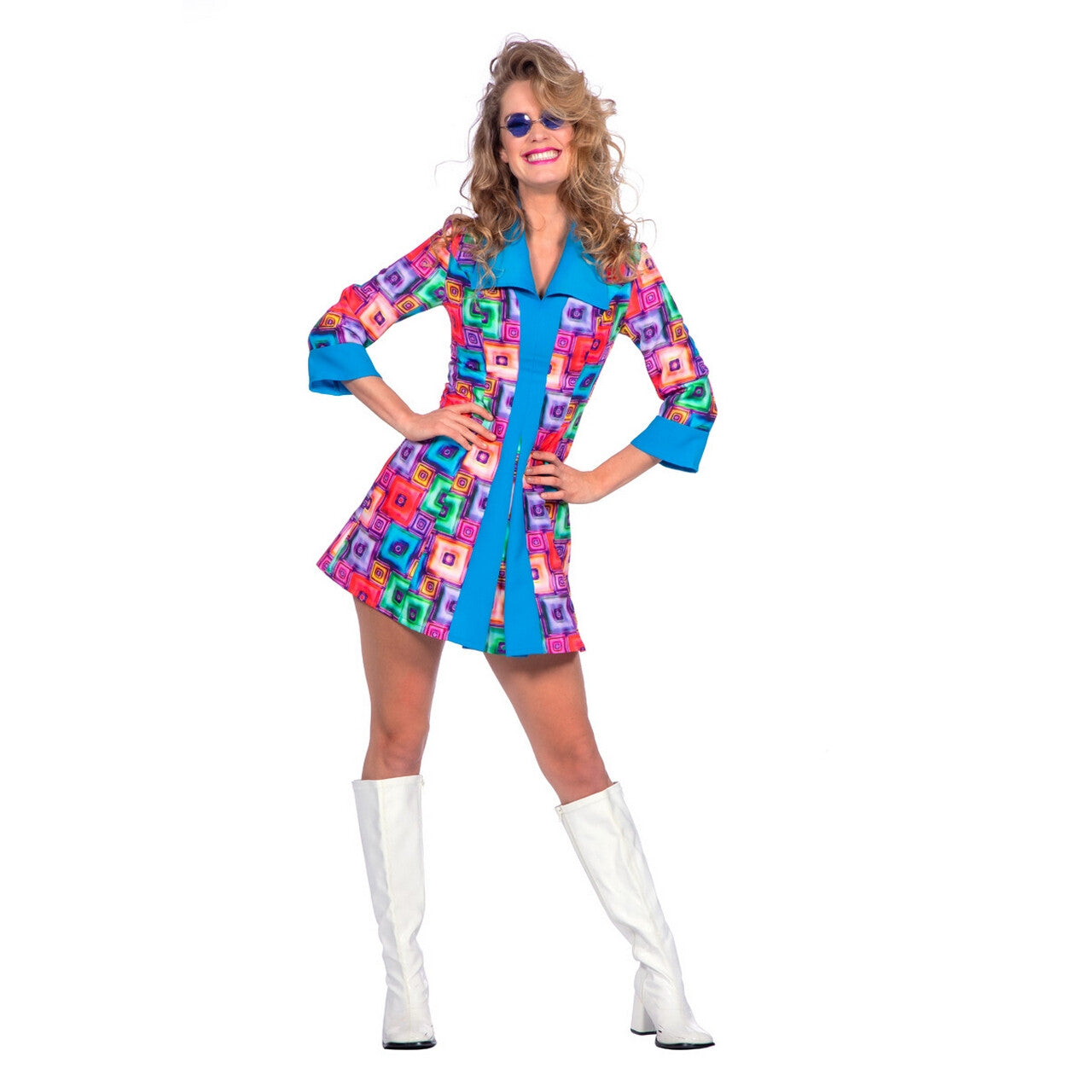 Op deze afbeelding zie je een Kostuums, van het merk Wilbers. Seventies Block Party Particia Vrouw Kostuum