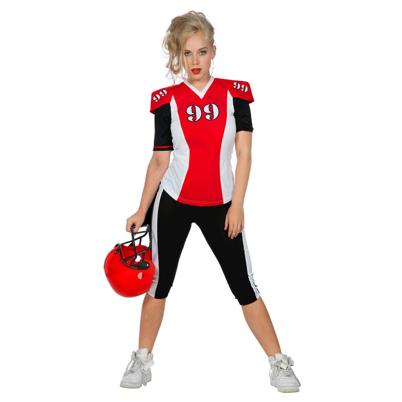 Op deze afbeelding zie je een Kostuums, van het merk Wilbers. American Football Quarterback Tigers Nummer 99 Vrouw Kostuum